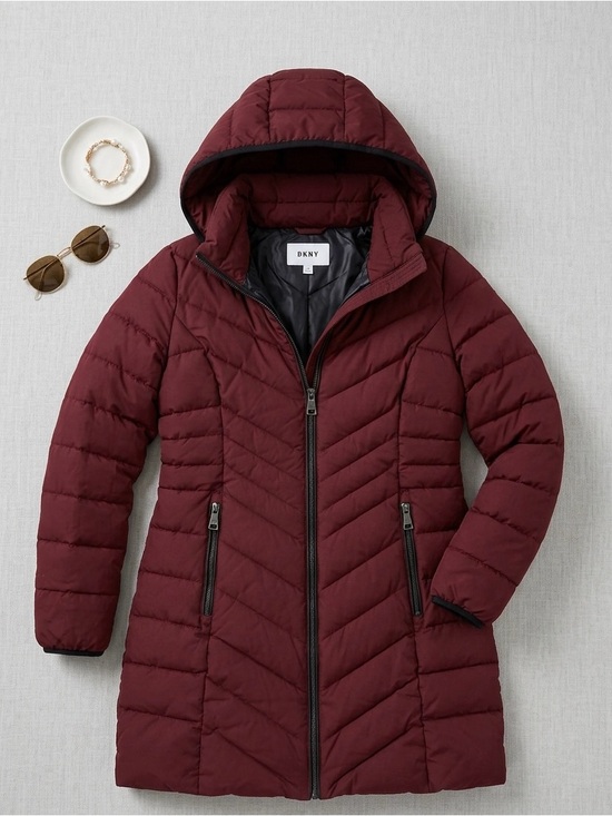Dkny Jackets & Blazers - DKNY Women's Hooded Chevron Puffer Coat - Deep Wine